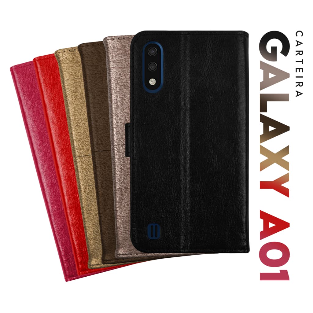 Capa Case Capinha Carteira Flip Cover Couro Sintético PRETA Para Samsung Galaxy A01 A015 tela 5.7 pol - Cell in Power25