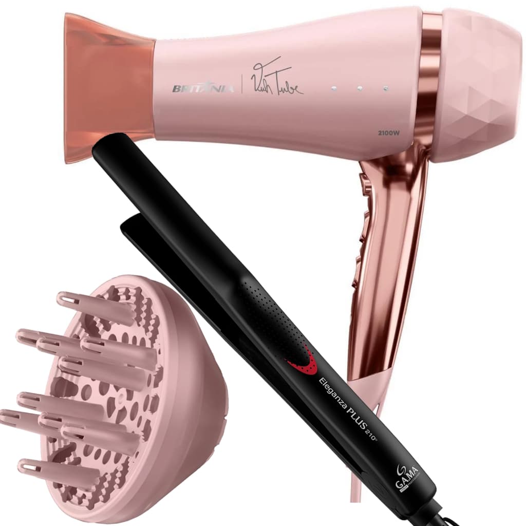 Secador De Cabelo Britania Profissional 2100w Ions Tourmaline Quente Frio Bivolt Com Difusor Cachos Prancha Gama Italy