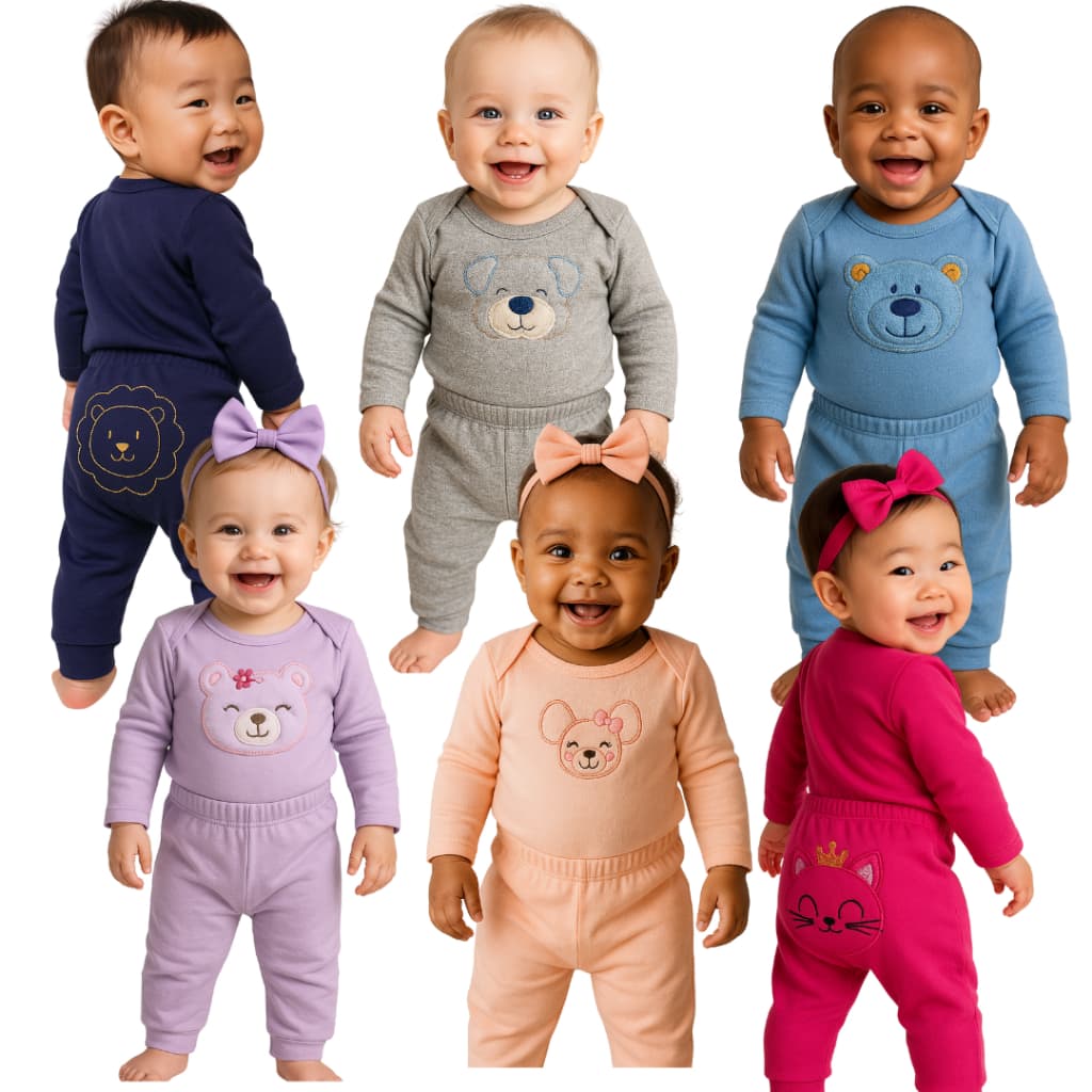 Kit 6 Peças Body E Mijão Bordado 3D Enxoval Menina Menino 100% Algodão Bebe Menina Menino Premium