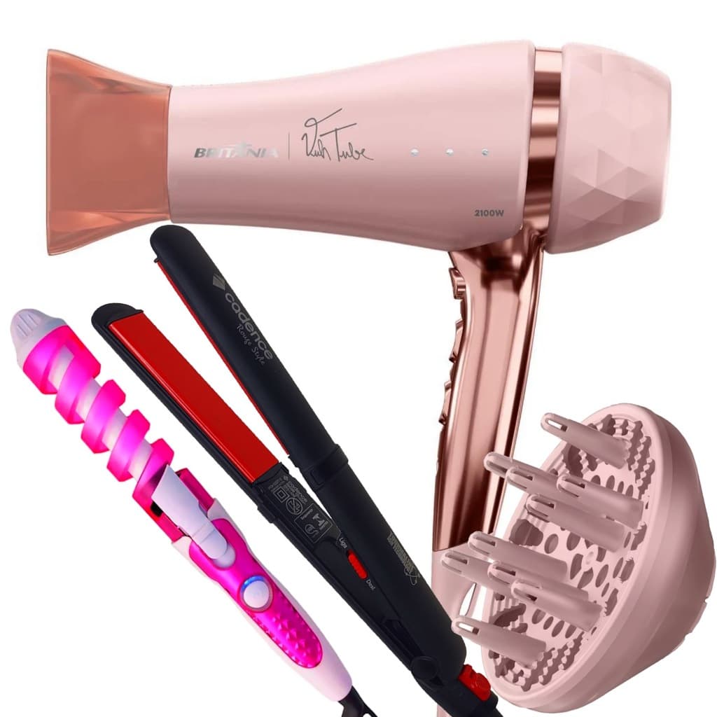 Secador De Cabelo Britania Profissional 2100w Ions Tourmaline Quente Frio Bivolt Com Difusor Cachos Modelador Prancha