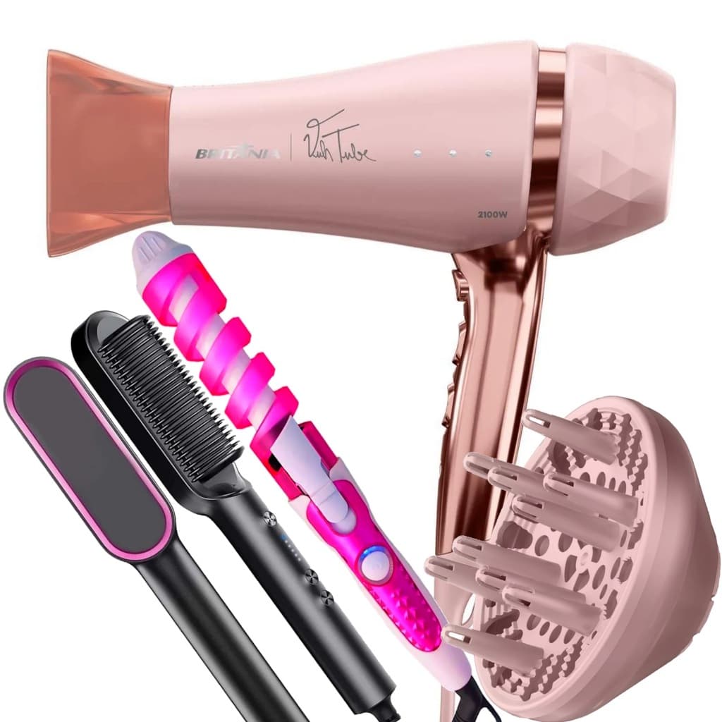 Secador De Cabelo Britania Profissional 2100w Ions Tourmaline Quente Frio Bivolt Com Difusor Cachos Modelador Escova Hq