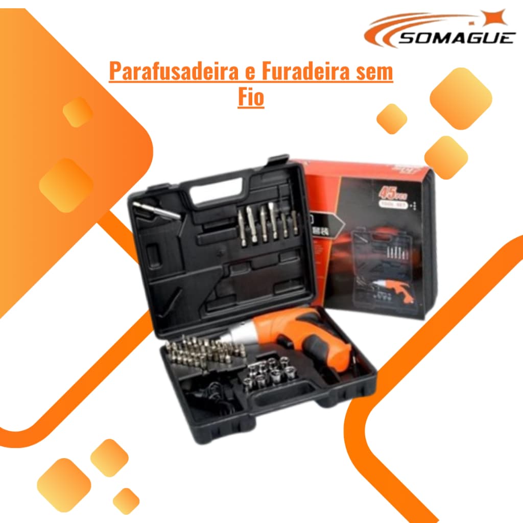 Parafusadeira Furadeira sem Fio Recarregável com Maleta Com  45 peças oferta