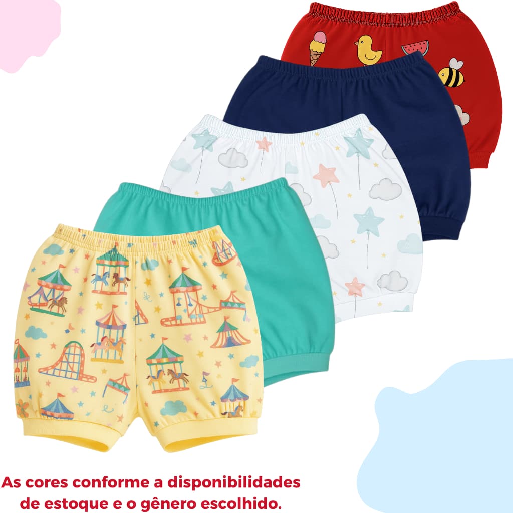 Kit 5 Shorts Infantil Bebe Bermuda Tapa Fralda Bebê Menino Menina Verão