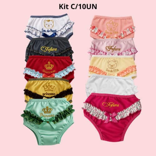 Kit Com 10 Calcinhas Bunda Rica para Bebê Menina Tapa Fralda com Babado e Bordado Infantil