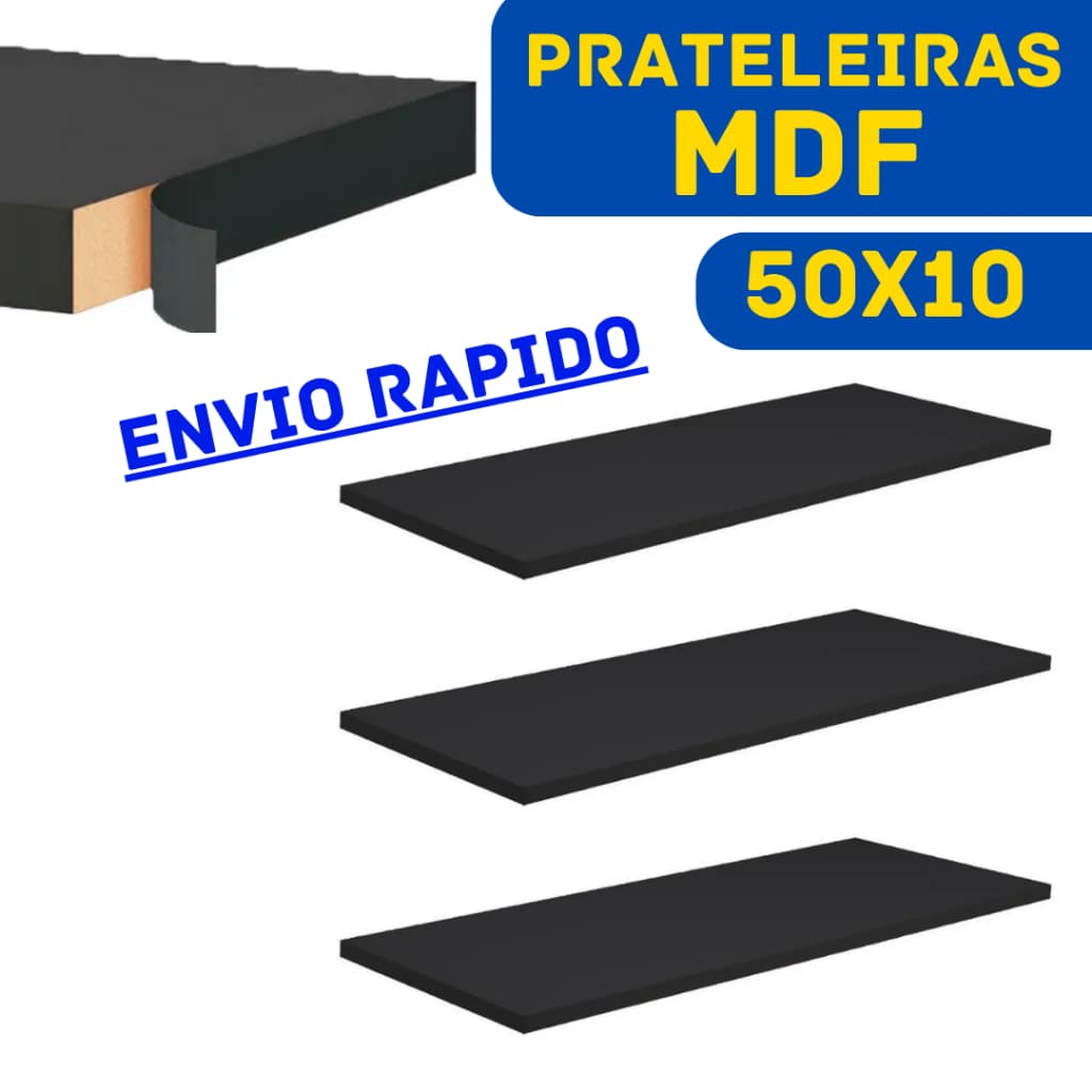 3 Prateleiras MDF 15mm 50x10cm Preto TX com Suporte Invisível Lisa Para Parede
