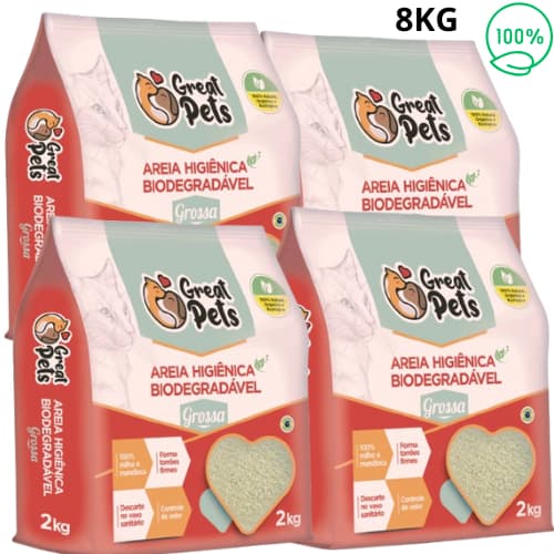 Kit Areia Higiênica Sanitária Para Gatos Biodegradavel Mandioca Milho Grossa Great Pets 2/4/6/8 KG
