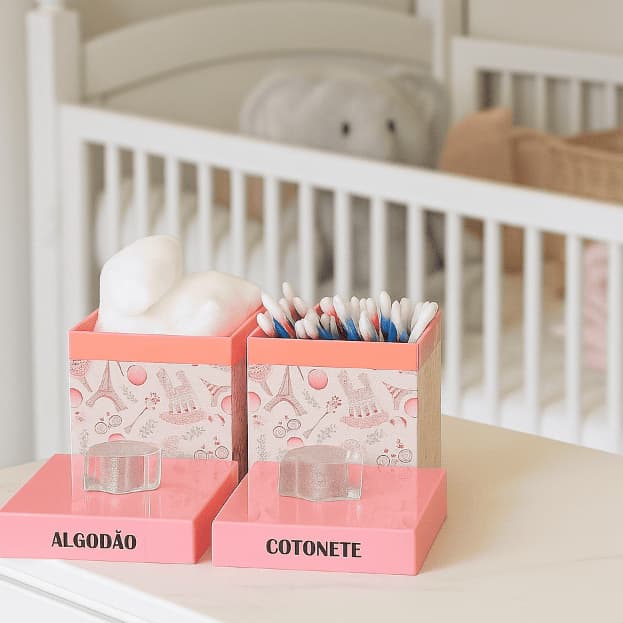 Kit Higiene Bebe Porta Algodão e Cotonete - Caixa Organizadora Infantil Chá de bebe Enxoval Menina