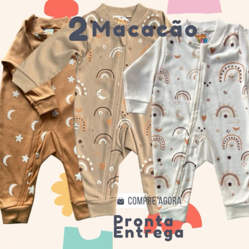Macacão bebe menino menina 100% Algodão Suedine kit 2 peças Ziper Bebê Estampado Enxoval
