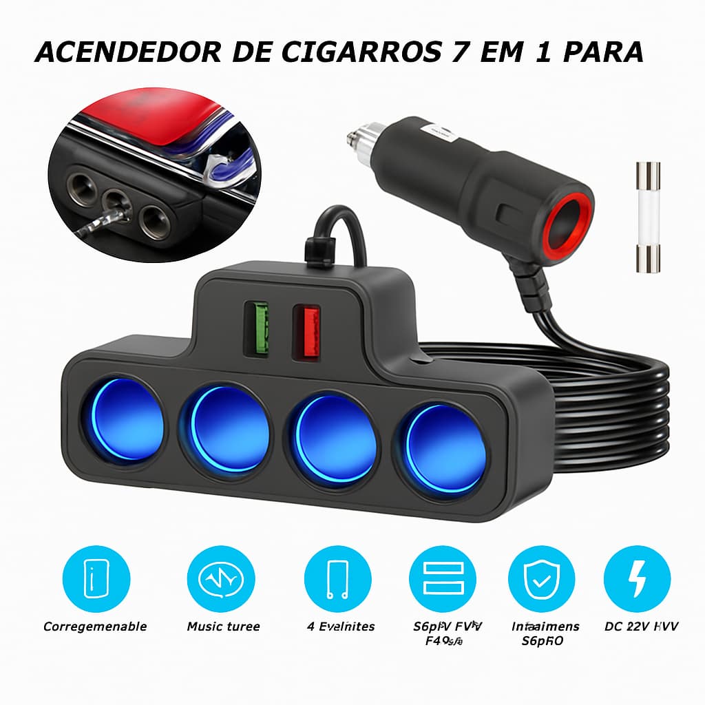 Adaptador De Isqueiro De Carro 120W 4 Em 1 12V/24V Tomada USB