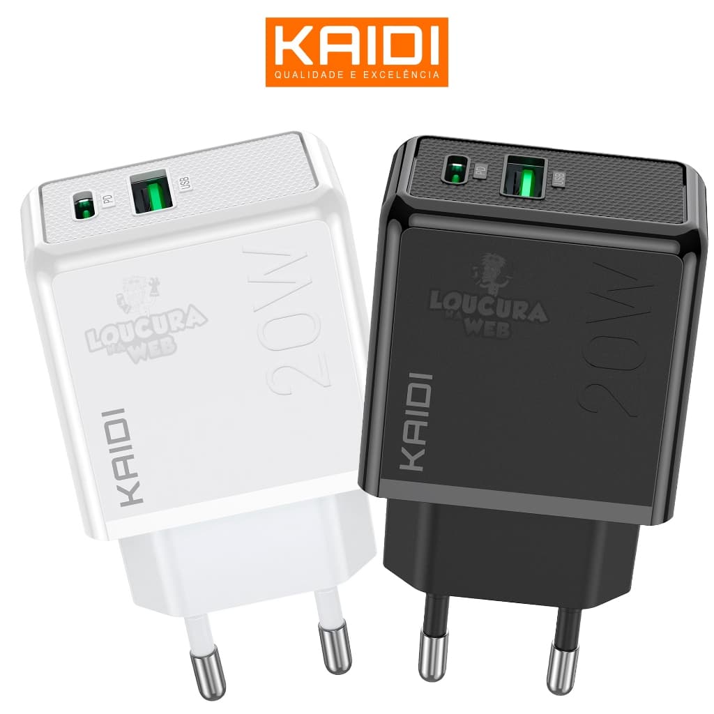 Carregador turbo 20w 2 Usb c Original Kaidi Carregador rapido 2 Portas
