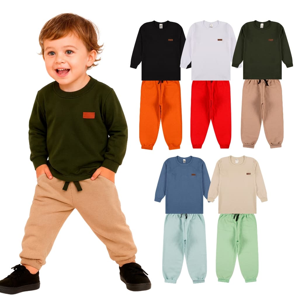 Kit 4 Peças Conjunto Camiseta Manga Longa e Calça Moletom Bebe Menino Infantil Masculino Meia Estação Inverno