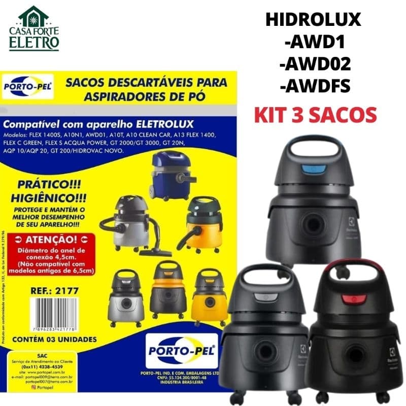 Kit 3 Sacos de Papel Descartáveis p/ Aspirador Electrolux Hidrolux AWD01 AWD02 AWDFS