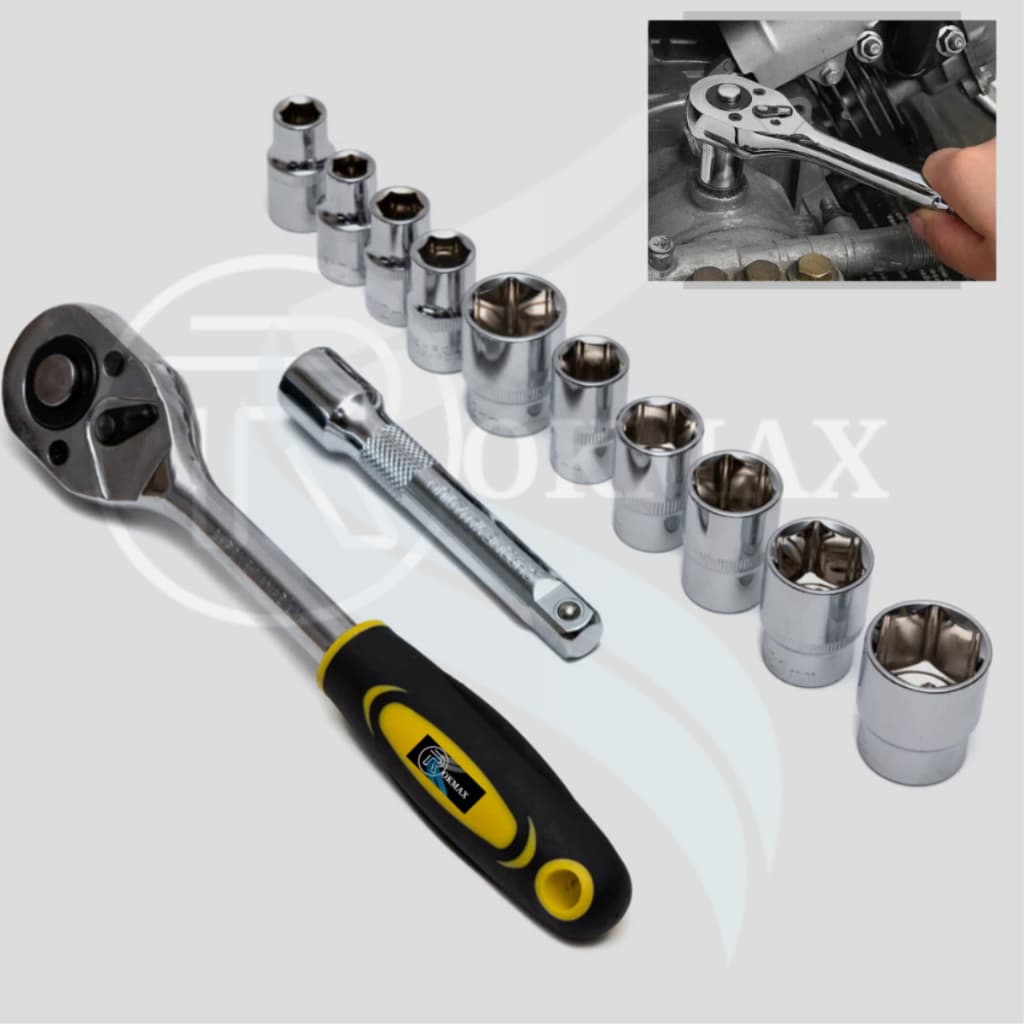 Jogo De Soquetes Sextavado Com Catraca Reversível 1/2 de 10 A 22 Mm - Kit Com 12 Peças Profissional