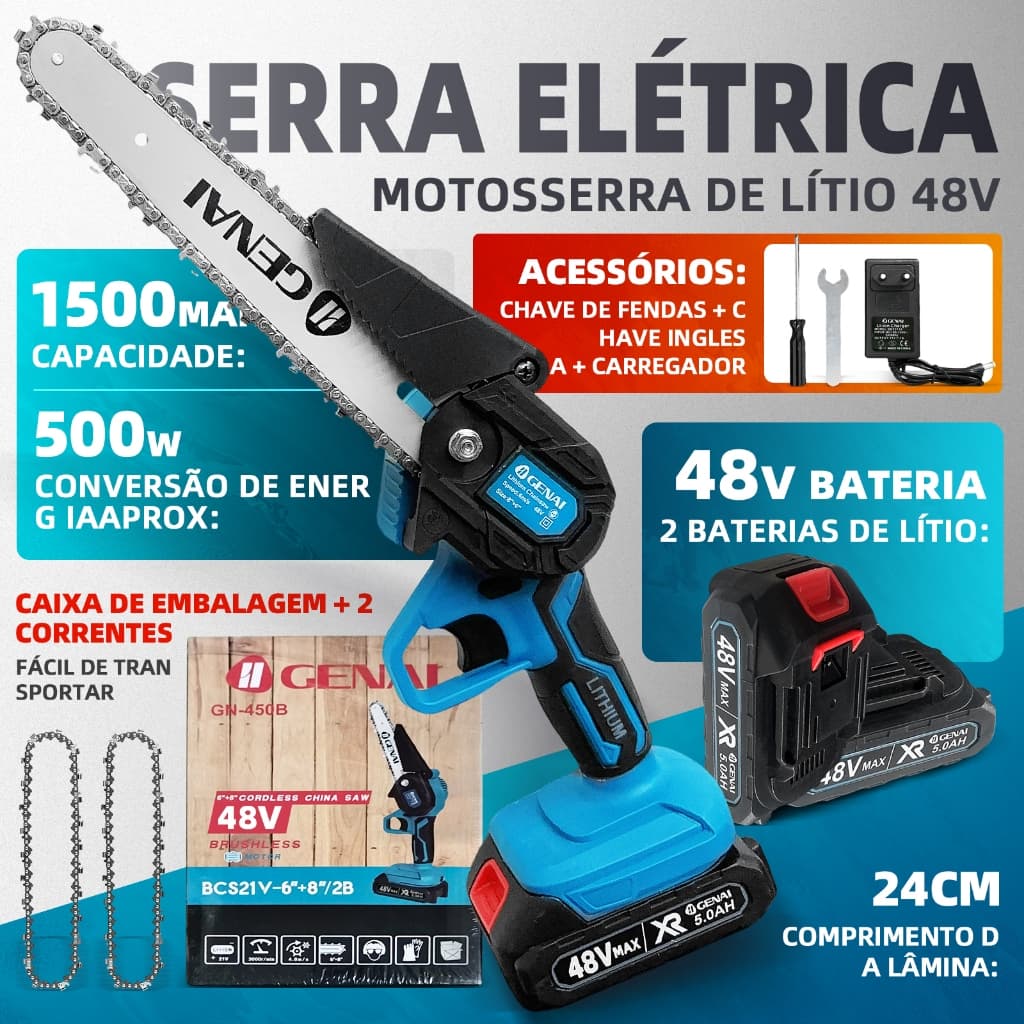 Motosserra Elétrica 21V 6-8 Polegadas - Leve e Portátil com 2 Baterias Inclusas