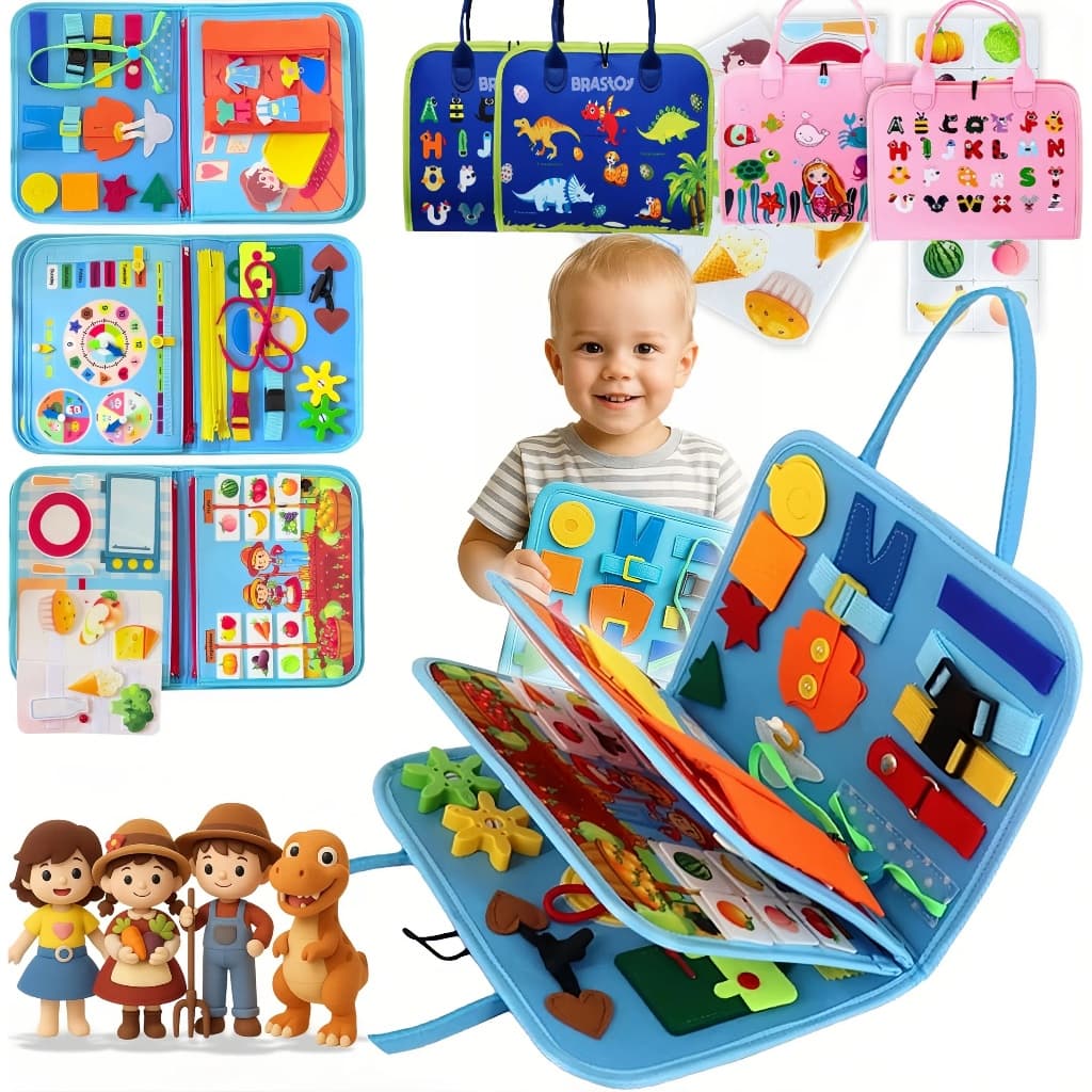 Tabuleiro Montessori Busy Board Sensorial Maleta Portátil - Brinquedo Educativo 1 Anos+ Viagem/ Pré-Escolar Aprendizado
