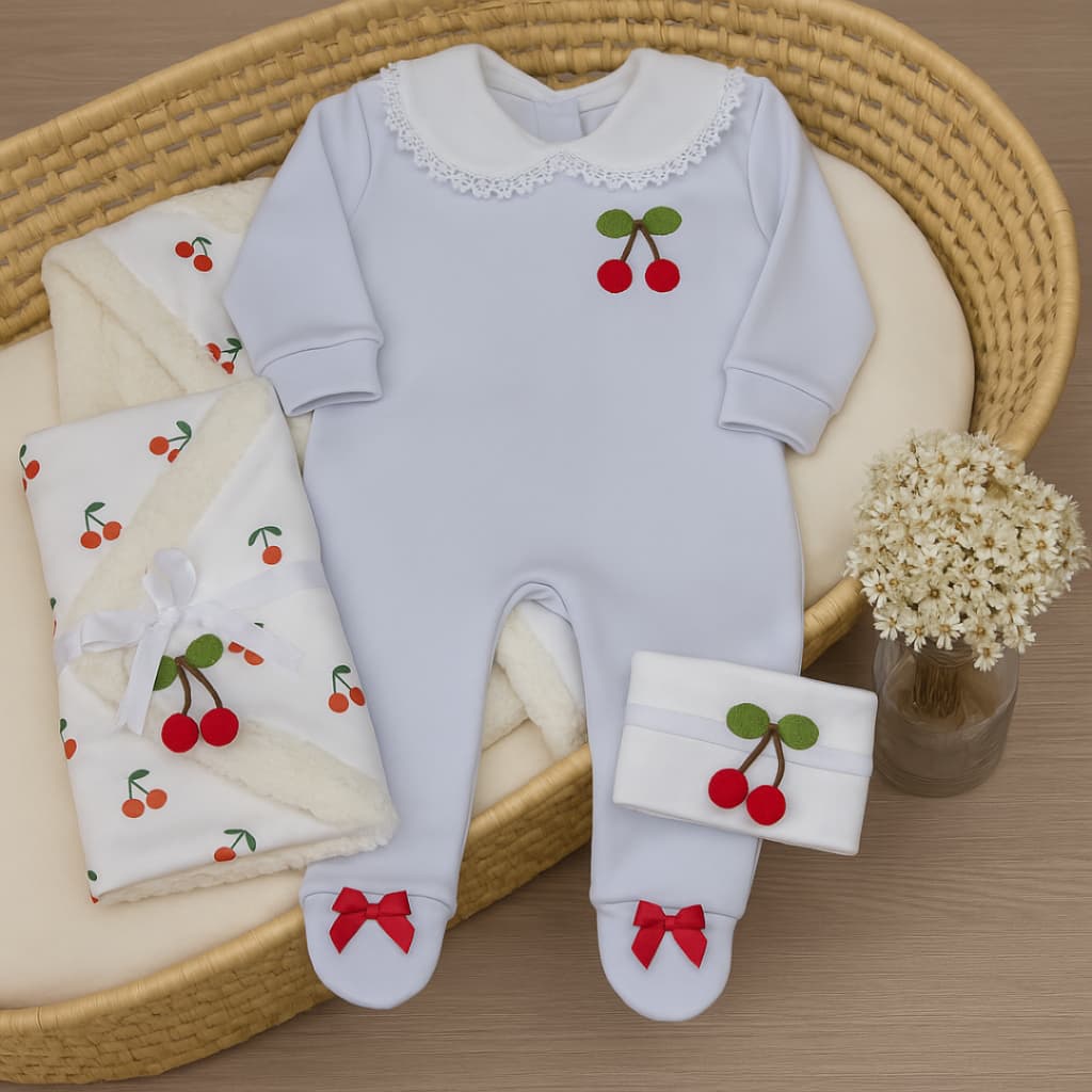 Kit Macacao Bebe Algodao e Cobertor Sherpa Cerejinhas Saida Maternidade Enxoval Recem Nascido