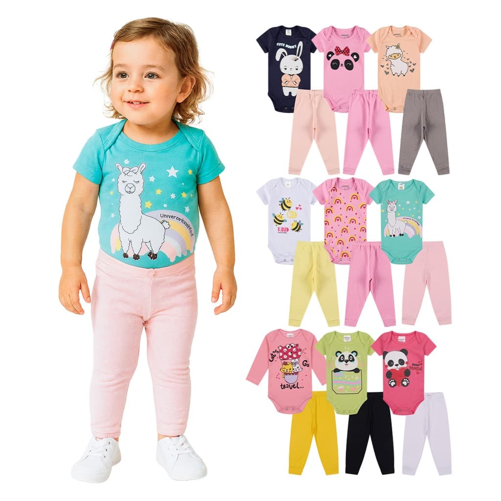 Kit Bebe 4 ou 8 Peças Roupas para Bebê Menina (Body Curto + Calça Mijão) Body Roupa Infantil Bebê