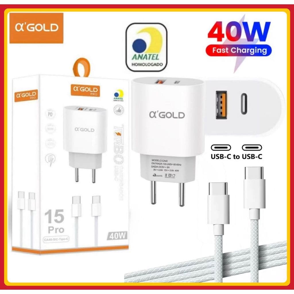 Carregador Turbo 40W com cabo Tipo C para Tipo C Fonte PD 2 Entrada USB e USB C carregamento rápido