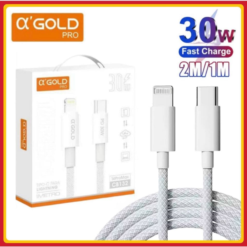 Cabo Tipo C Lightning Turbo 30W cabo PD Para iPhone A’Gold Original 1 e 2 Metros carregamento rápido