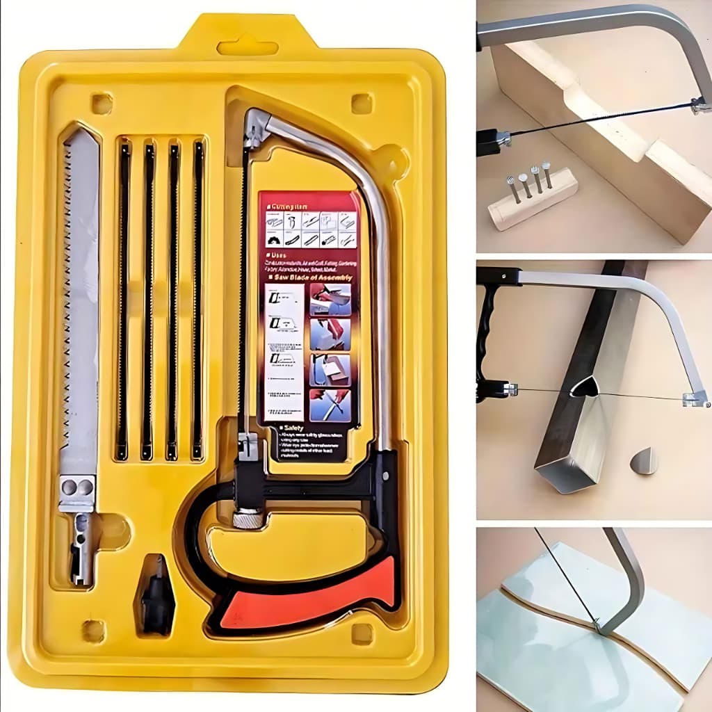 Kit Serra Mágica Multifuncional 7 em 1 com Arco e 6 Lâminas Serrote Madeira Metal Artesanato Pesca