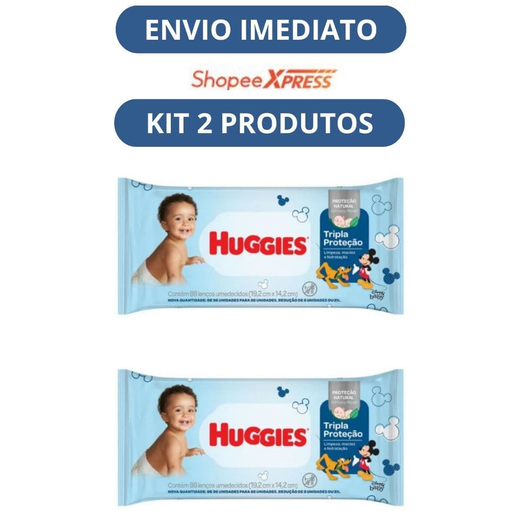 02 pacotes de Lenço Toalhinhas Umedecidas Tripla Proteção Huggies 88 unidades cada Kit