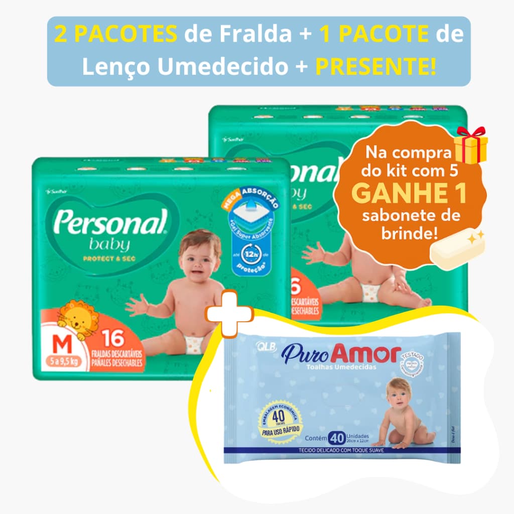 Fralda Descartável Personal Baby Kit 2 Pacotes + 1 Pacote Lenço Umedecido Infantil Promoção