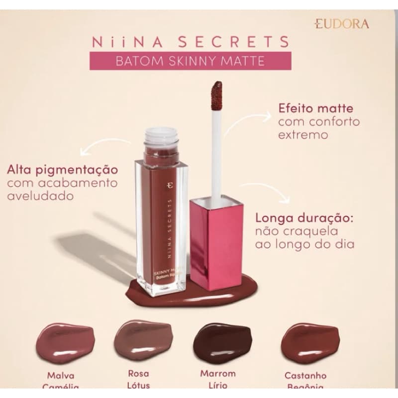 Batom Líquido Niina Secrets Skinny Matte 5ml - Lançamento: Escolha sua cor: