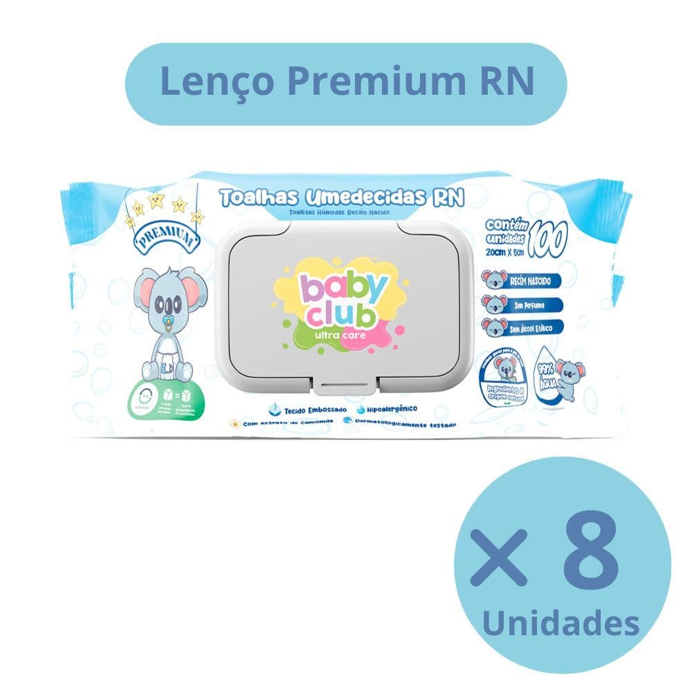 KIT C/8 UNIDADES TOALHAS UMEDECIDAS RECEM NASCIDO BABY CLUB PREMIUM  100 FOLHAS CADA PACOTE