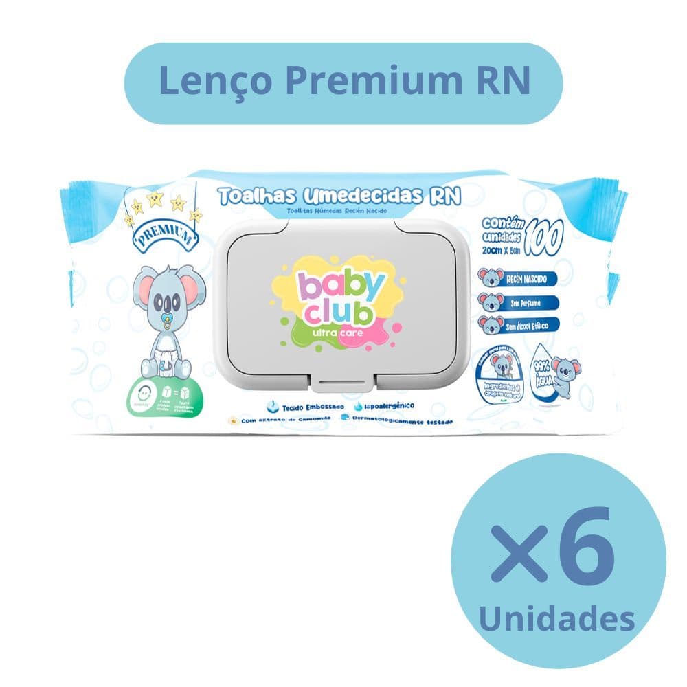 KIT 6 UNIDADES TOALHAS UMEDECIDAS RECEM NASCIDO BABY CLUB 100 FOLHAS PELE SENSIVEL