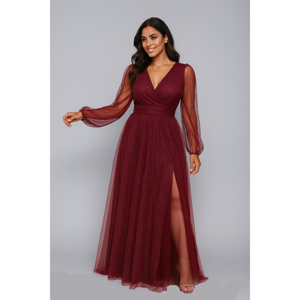 Vestido Longo Elegante Madrinha Tule Brilho Com Fenda