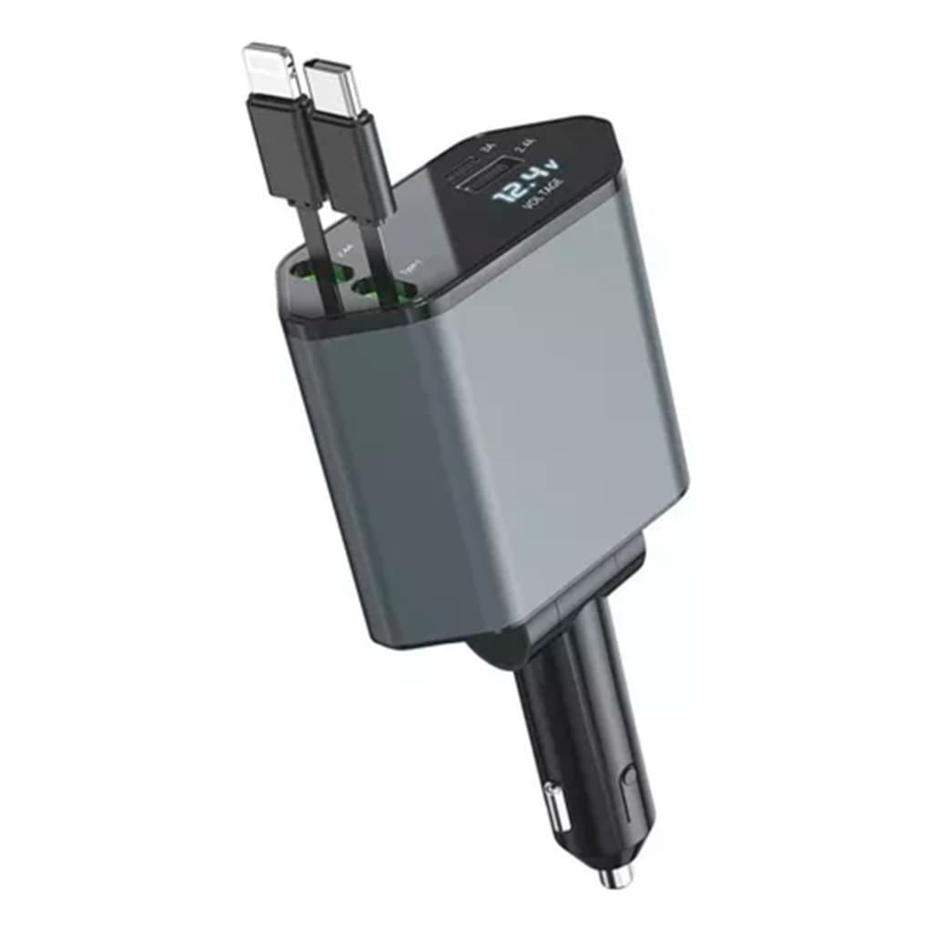 Carregador de Carro 4 em 1 65W com Tela Display USB-C Super Rápido para Celular e Dispositivos Eletrônicos