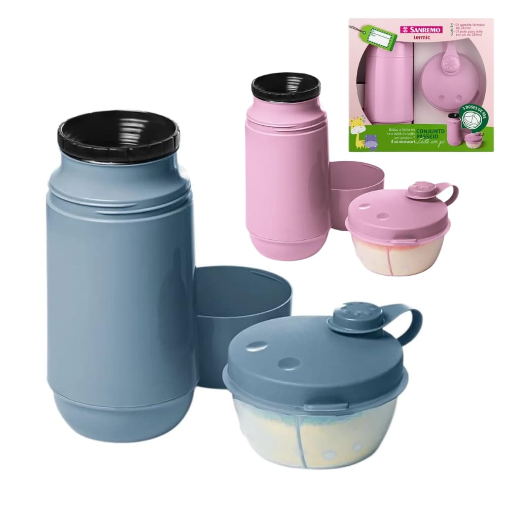 Conjunto Passeio Garrafa Térmica Infantil 250ml + Pote para Leite em Pó Sanremo Azul / Rosa