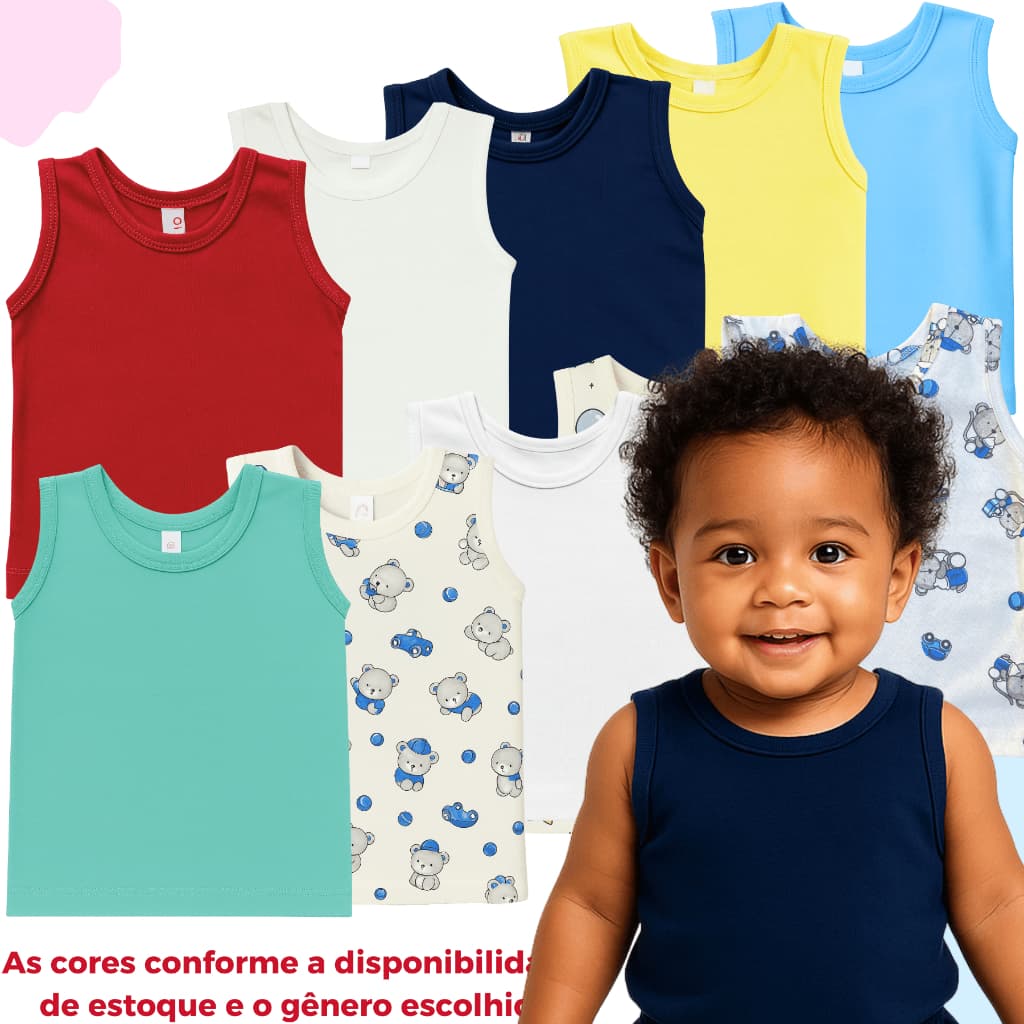 Regatas Algodão Kit 10 Camisetas Blusa bebê Pijama Menino Menina Verão Lisas Estampadas Enxoval 100% Algodão
