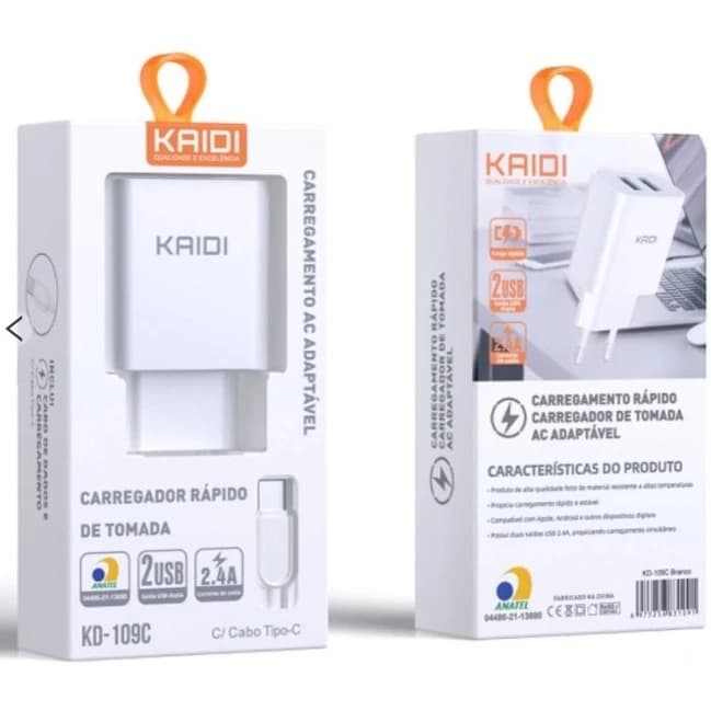 Carregador Rápido Kaidi KD‑109C/556C 12W c/ Cabo Tipo‑C + 2 USB