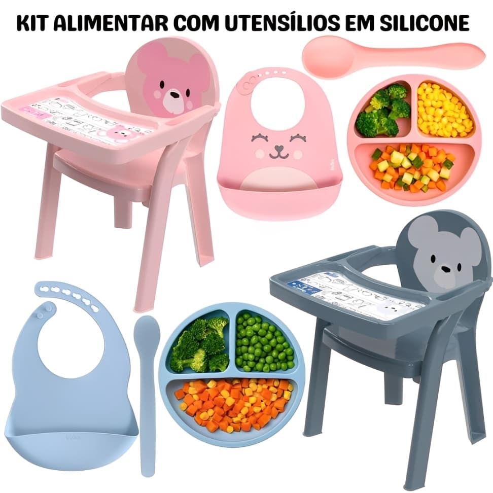 Kit Alimentação Refeição Bebê Em Silicone Prato Com Ventosa Babador Cadeira E Colher De Silicone
