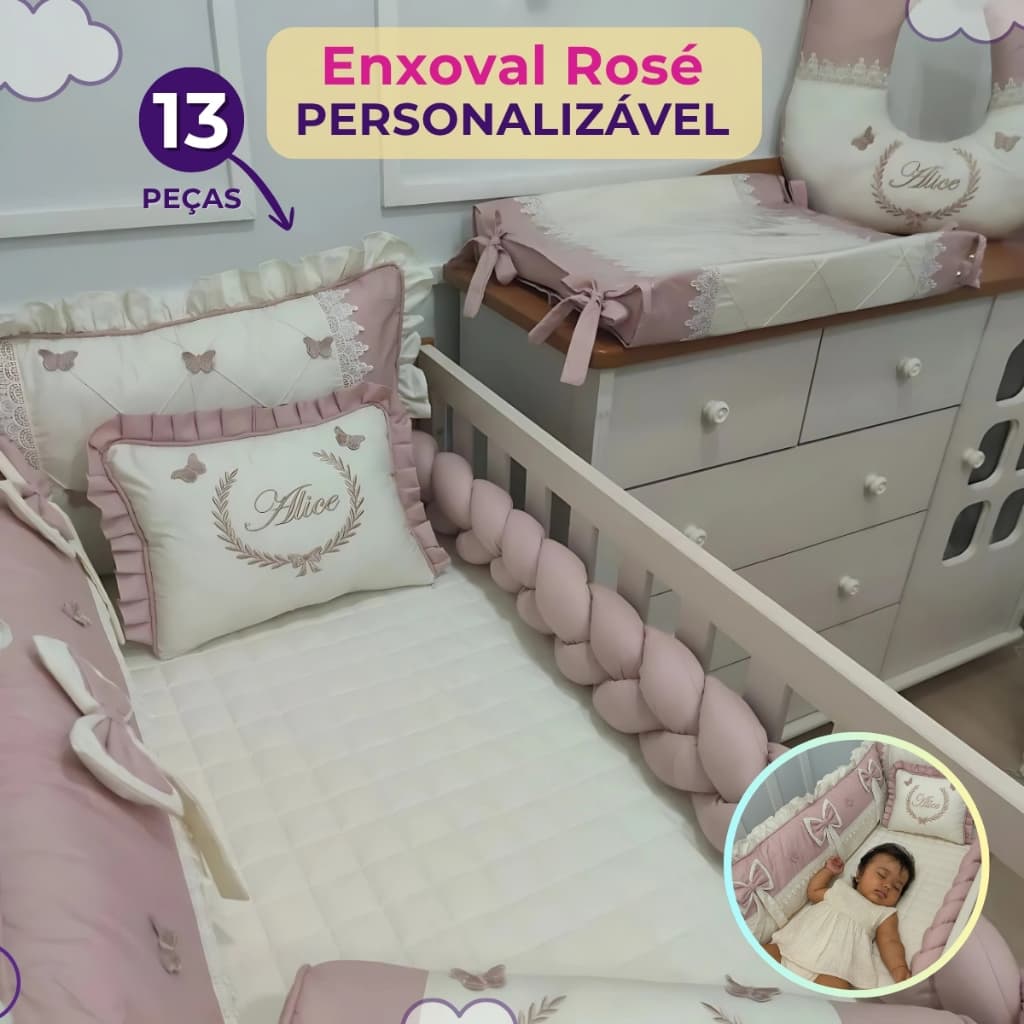 Enxoval Kit Berço Rose Jardim Encanto com Borboleta  Personalize com Nome do Bebê