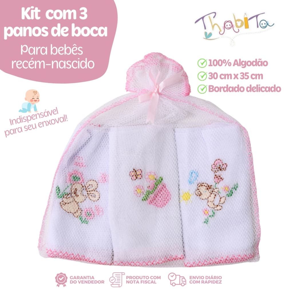 Kit 3 Paninhos de Boca Rosa Recém-Nascido Estampa Sortida para Enxoval Infantil