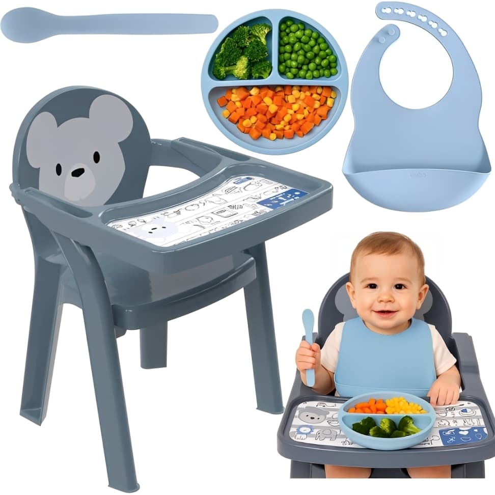 Kit Talheres de Silicone Para Bebê  Com Ventosa, Cadeira De Alimentação Infantil, Colher E Babador Infantil
