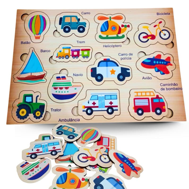 Brinquedo Educativo Quebra Cabeça Encaixe Educativo Carrinho Onibus Avião Autismo 12 peças