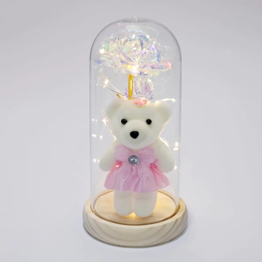 Vaso Luminária Urso & Rosa Enfeite Decorativo | Quarto de Menina | Luminária Sem Fio com Luz de LED