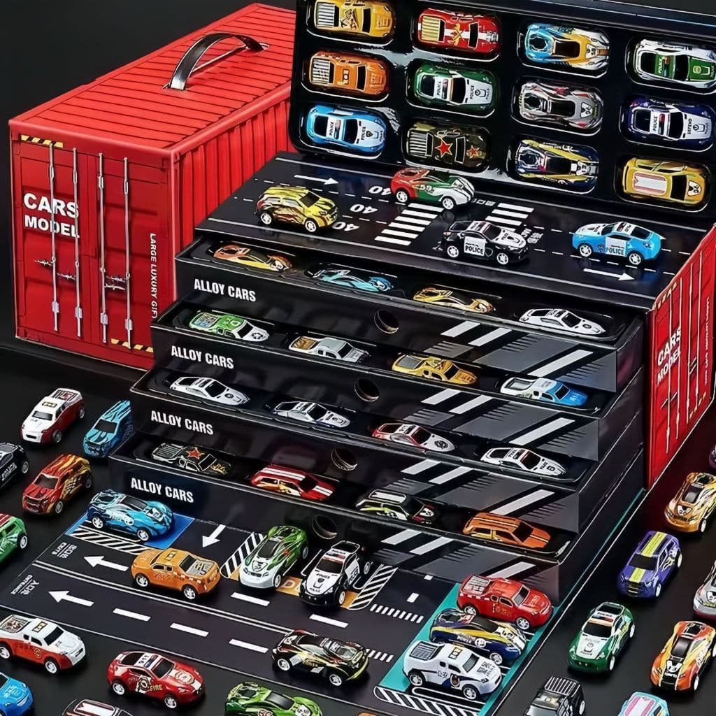 Kit 48 Carrinhos com Fricção de Lata Metálica Coloridos - Caixa Container que Vira Pista 8758