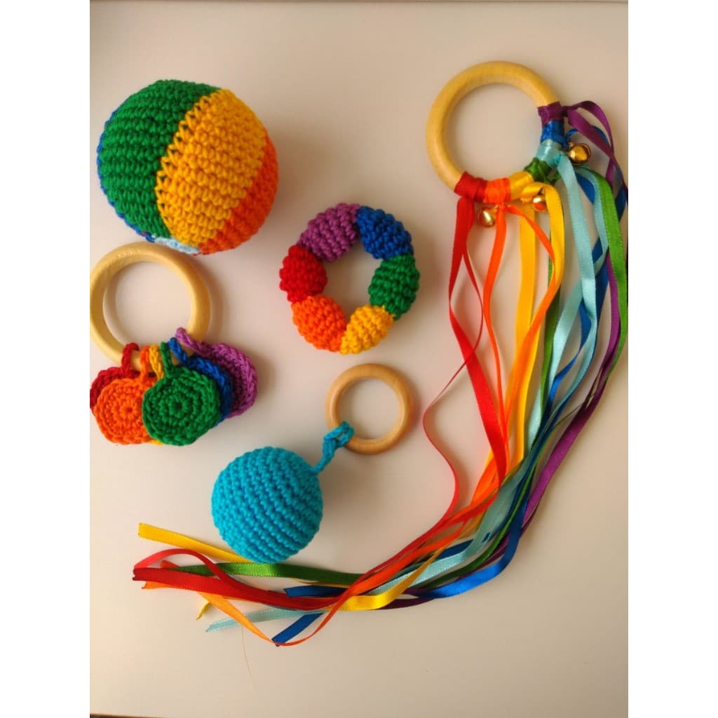 Brinquedos Para Bebê Chocalho Mordedor Crochê Sensorial Montessori Kit 5 Peças
