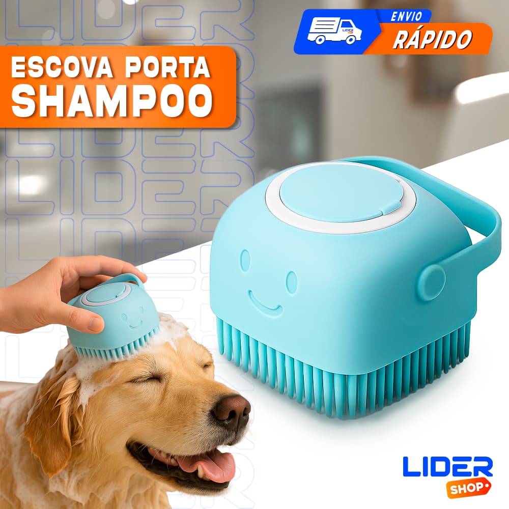 Escova de Banho Pet com Porta Shampoo – Massageadora de Silicone para Cães e Gatos