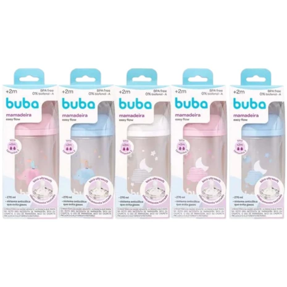 Buba Mamadeira Easy Flow 270ml Nuvem Elefante Rosa Branco Azul Bebê 4 meses - Escolha!