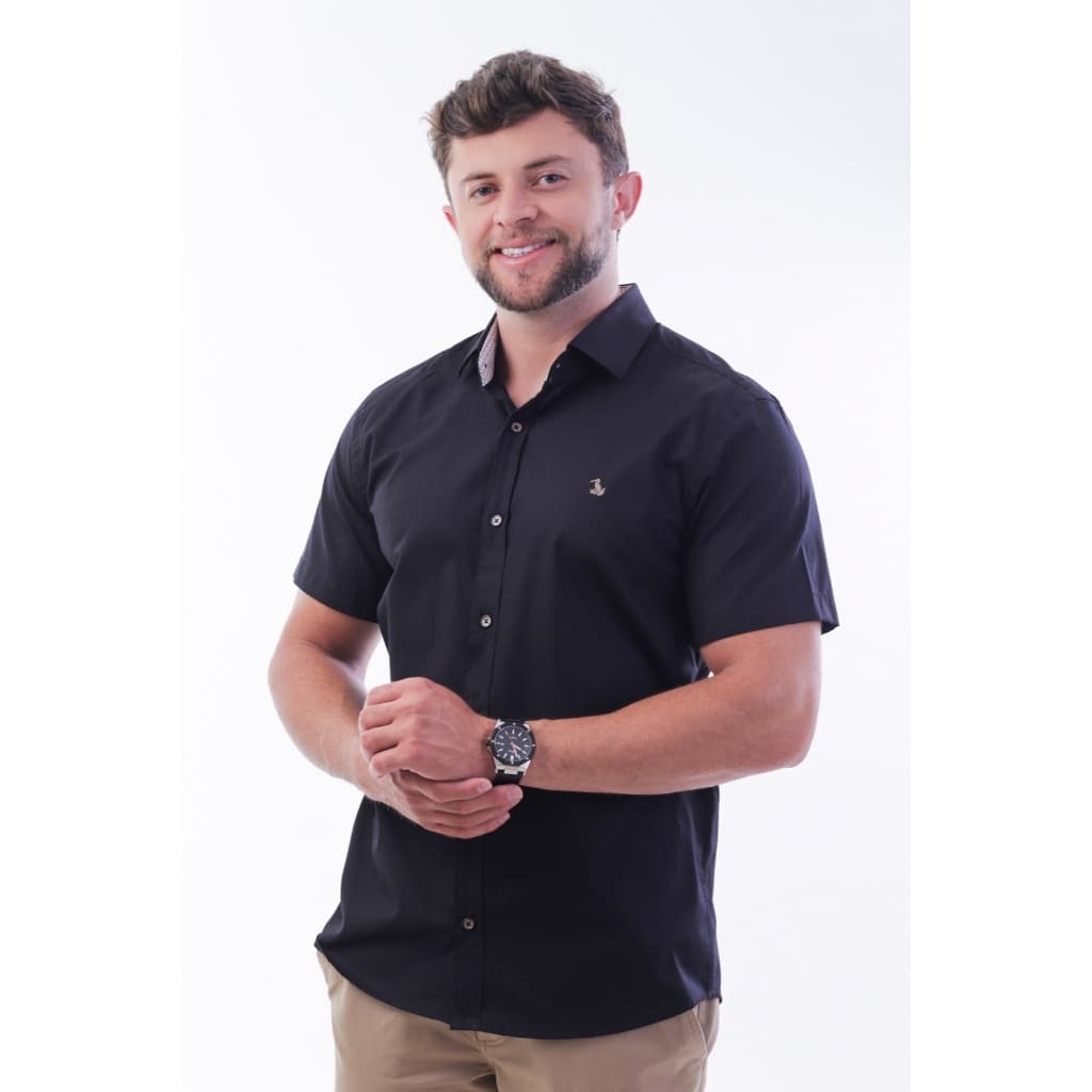 Camisa Social Manga Curta Masculina Slim Sem Bolso Algodão