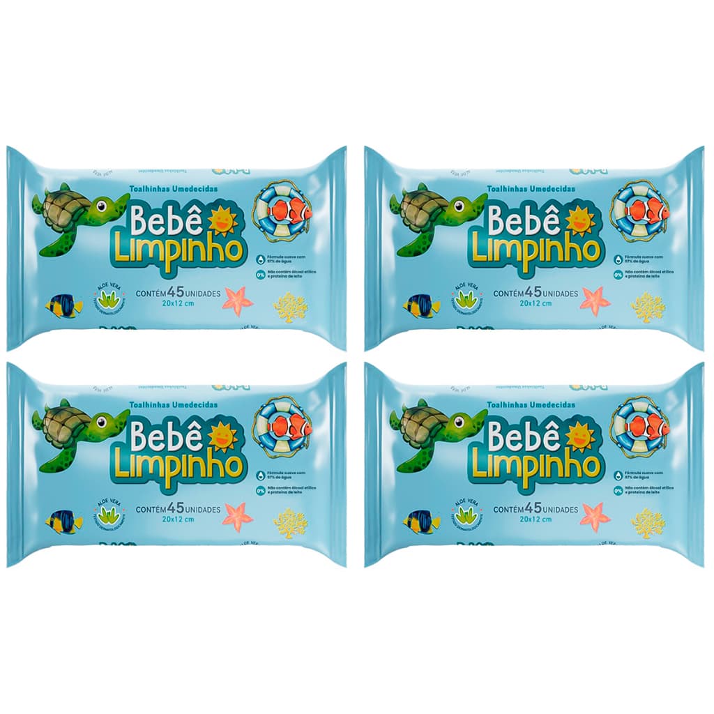 Kit 4x Toalhas Umedecidas Bebê Limpinho Com Aloe Vera 45Un Cada
