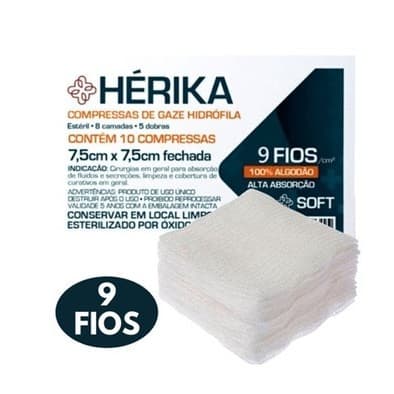Compressa De Gaze 9 Fios Estéril 7,5x7,5 Herika - Kit 10 Pacotes Com 10 Unidades Cada