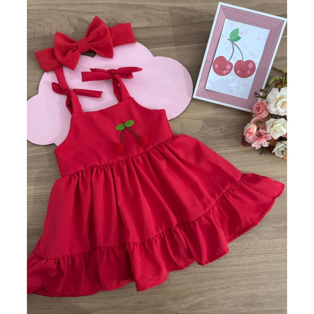 Vestido Isa Infantil Vermelho Rosa Bebê Pink Azul Cereja Cerejinha Luxo Menina Casual Criança Aniversário Festa Pasteis