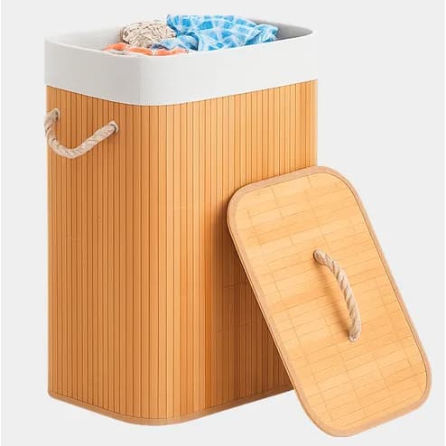 Cesto de Roupa Suja Lavanderia Bambu Com Tampa Banheiro Dobrável Cesto