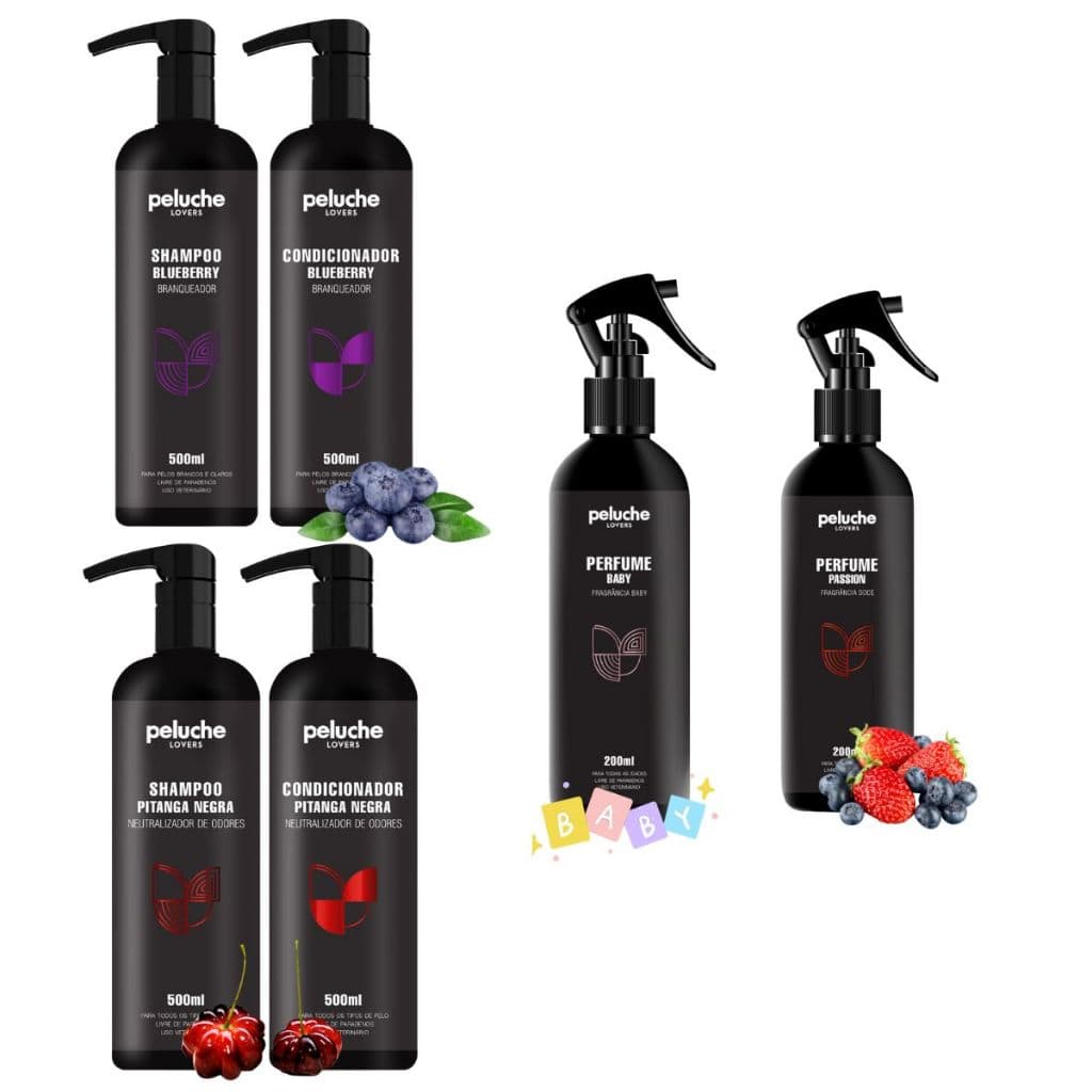 Kit Peluche Shampoo e Condicionador 500ml Cada + Perfume 200ml para Cães e Gatos